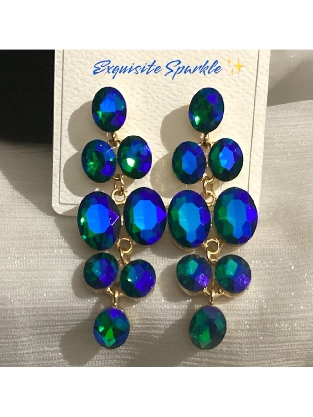 Blue & Green Iridescent Round Crystal Tiered Drop Statement Earrings